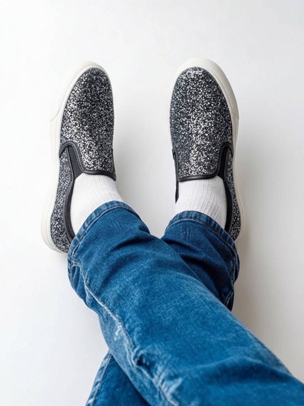 Women's Glitter Slip-On Loafers in Black & White